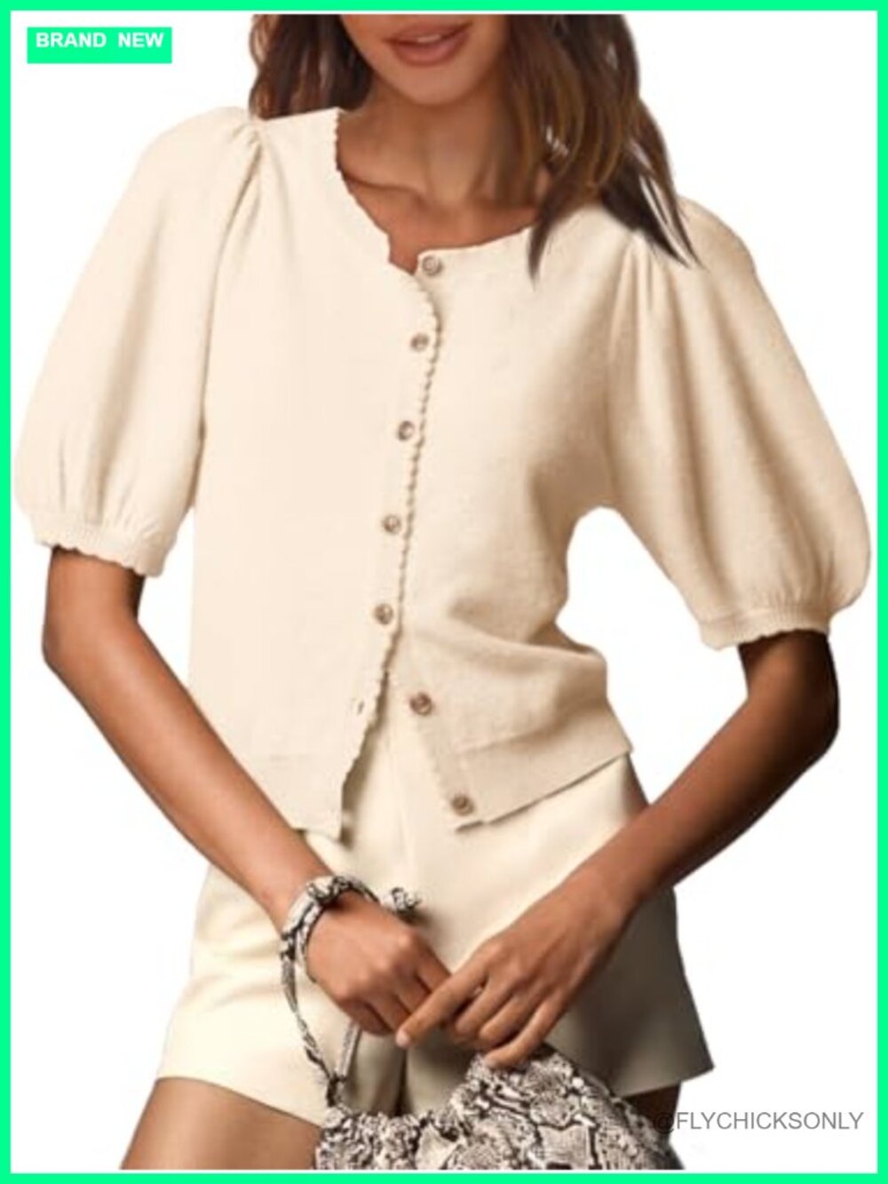 Women's Puff Short Sleeve Cardigan Lightweight Knit Sweater